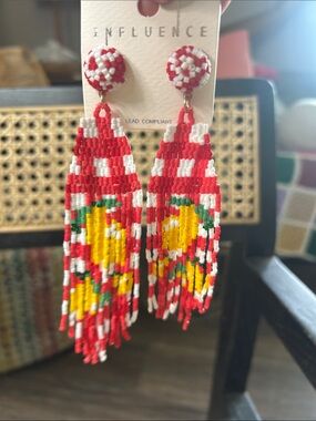 Embroidered Red Beaded Fringe Earrings with Yellow Floral Motif by Influence